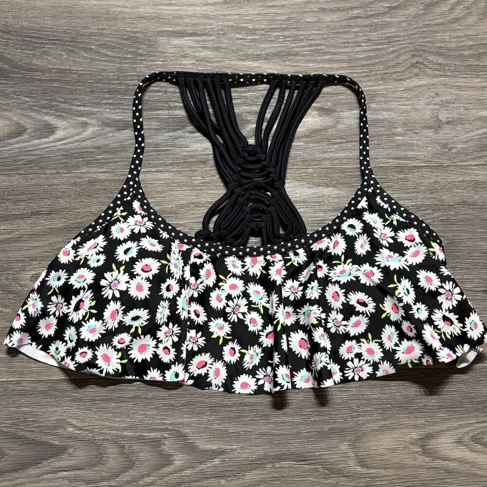 NEW California Waves Daisy Duke Flounced Bikini Top Medium Black Daisy Hippie